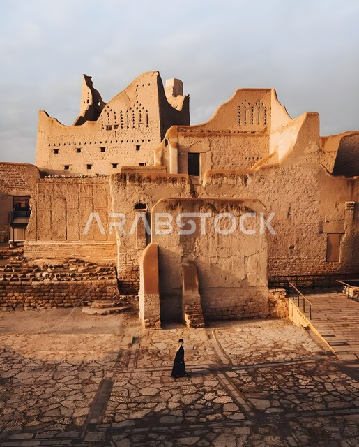 أسوار الدرعية القديمة في مدينة الرياض بالمملكة العربية السعودية، حي الطريف التاريخي في النهار، معلم ثقافي سياحي تاريخي سعودي مشهور، يوم بدينا 1727 م، يوم التأسيس السعودي 22 فبراير