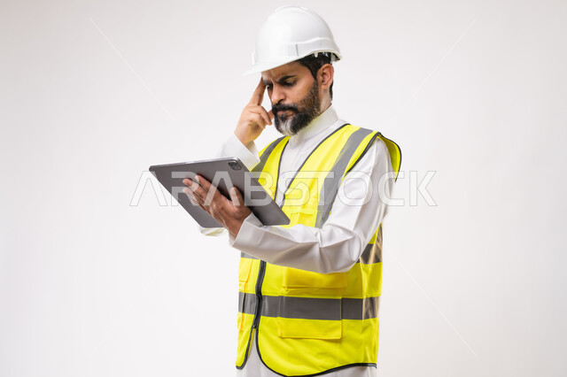 تعابير التفكير والتركيز، استخدام جهاز تقني حديث متطور في مجال الهندسة، العمل في القطاع الهندسي، مفهوم ادارة المشاريع الهندسية والانشاءات، مهنة ووظيفة شبابية، بورتريه لمهندس عربي خليجي سعودي يرتدي الثوب التقليدي والسترة وخوذة الحماية يعمل على جهاز التابلت، خلفية بيضاء