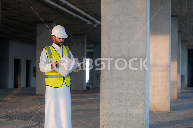 دراسة المخطط والمشروع  على ارض الواقع، مهنة ووظيفة هندسية شبابية، مهندس عربي خليجي سعودي يرتدي الثوب التقليدي والسترة وخوذة الحماية يعمل في القطاع الهندسي في المملكة العربية السعودية، مفهوم ادارة المشاريع الهندسية والانشاءات