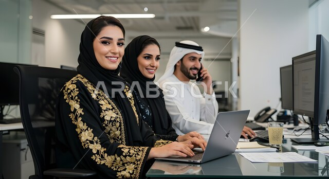  استخدام التكنولوجيا في الحياة العملية، شابتان عربيان خليجيتان اماراتيتان ترتديان العباءة والحجاب تعملان على الحاسب المحمول في مقر الشركة، رجل اماراتي يرتدي الكندورة والغترة يقوم بالرد على اتصالات العملاء عبر الهاتف المحمول، بيئة العمل المريحة في شركات الامارات
