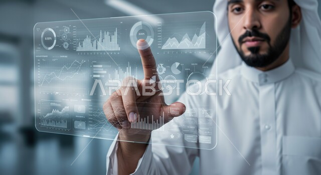 Science, innovation and artificial intelligence technology, technological growth and development and achieving the industrial revolution, Saudi Vision 2030, a Saudi Arabian Gulf man wearing a traditional thobe and ghutra clicking and interacting with holographic screen icons
