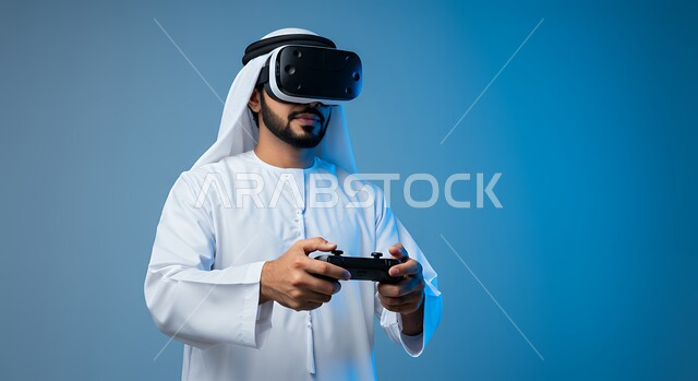 Technological device and modern technology, combining fun and entertainment with the virtual world, close-up portrait of a young Emirati Gulf Arab man wearing a kandura, ghutra and VR glasses, holding a joystick in his hand, playing recreational video games, spending enjoyable free time, blue background