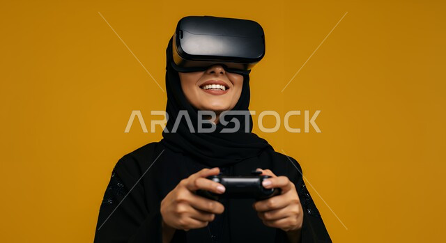 Technological device and modern technology, combining fun and entertainment with the virtual world, close-up portrait of a young Saudi Arabian Gulf woman wearing a hijab, abaya and VR glasses, holding a joystick in her hand, playing recreational video games, expressions of pleasure and happiness, spending enjoyable free time, yellow background