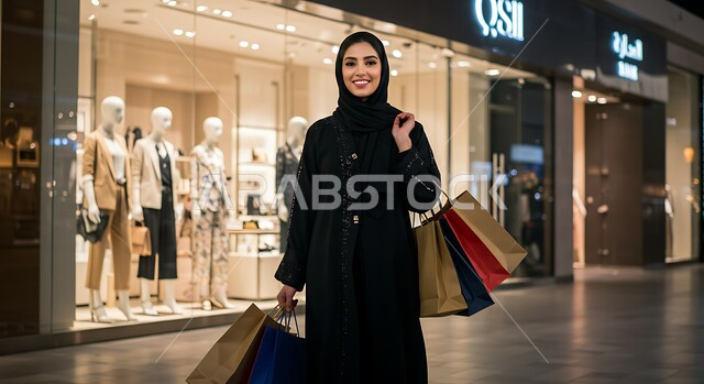 الاستفادة من العروض والخصومات في الجمعة البيضاء، إمرأة عربية خليجية سعودية ترتدي الحجاب والعباءة  تحمل بيدها أكياس كرتون ملونه، التسوق وشراء المستلزمات من المول والمركز التجاري