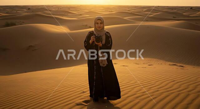 ممارسة هواية التصوير في الصحراء وقت غروب الشمس، احتراف فن التصوير الفوتوغرافي باستخدام كاميرات رقمية عالية الدقة, إمراة عربية خليجية سعودية ترتدي الحجاب والعباءة تقوم بالتقاط صورة تذكارية عبر كاميرا فوتوغرافية في الطبيعة الصحراوية، خلفية الطبيعة