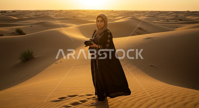 احتراف فن التصوير الفوتوغرافي باستخدام كاميرات رقمية عالية الدقة, إمراة عربية خليجية سعودية ترتدي الحجاب والعباءة تقوم بالتقاط صورة تذكارية عبر كاميرا فوتوغرافية في الطبيعة الصحراوية, ممارسة هواية التصوير في الصحراء وقت غروب الشمس، خلفية الطبيعة