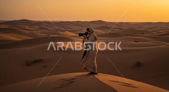 ممارسة هواية التصوير في الصحراء وقت غروب الشمس، احتراف فن التصوير الفوتوغرافي باستخدام كاميرات رقمية عالية الدقة, إمراة عربية خليجية سعودية ترتدي الحجاب والعباءة تقوم بالتقاط صورة تذكارية عبر كاميرا فوتوغرافية في الطبيعة الصحراوية، خلفية الطبيعة