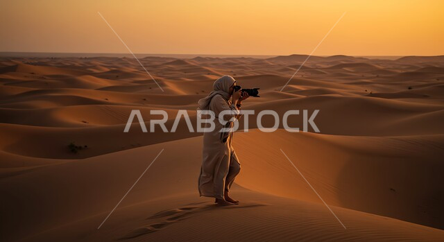Professional photography using high-resolution digital cameras, a Saudi Arabian Gulf woman wearing a hijab and abaya taking a souvenir photo with a camera in the desert nature, practicing the hobby of photography in the desert at sunset, nature background