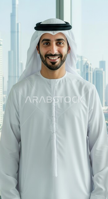 The concept of elegance and masculinity, taking selfies for official documents, taking care of one's outward appearance, a smiling Emirati Gulf Arab man wearing a kandura and ghutra looking at the camera with gestures of self-confidence and pleasure