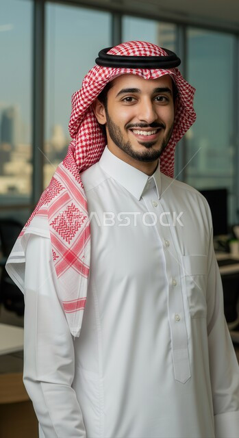 الاهتمام بالمظهر الخارجي، رجل عربي خليجي سعودي مبتسم يرتدي الثوب التقليدي والشماغ ينظر إلى الكاميرا بإيماءات الثقة بالنفس والسرور، مفهوم الأناقة والرجولة، التقاط الصور الشخصية للوثائق الرسمية