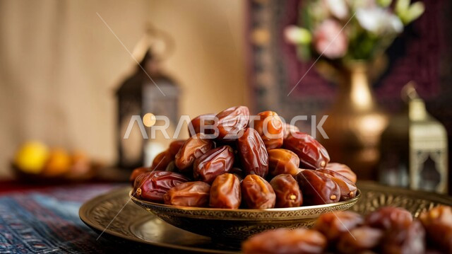 طبق مليء بالتمر، أجواء الشهر الفضيل، فوانيس و تحف اسلامية تقليدية للاحتفال بقدوم المناسبات الدينية, منتج محلي وطني، افطار الصائم في رمضان, ضيافة شهر الخير، اكسسوارات وزينة الأعياد والمناسبات