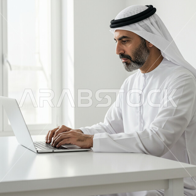 أداء المهام والاعمال المكتبية داخل مقر الشركة، رجل عربي خليجي اماراتي يرتدي الكندورة والغترة يجلس أمام مكتبه يقوم بالعمل على الحاسب المحمول، دمج التقنية والتكنولوجيا في الحياة العملية، العمل في مكاتب وشركات الامارات العربية المتحدة