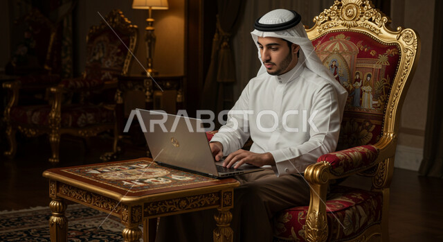 أداء المهام والاعمال المكتبية داخل مقر الشركة، رجل عربي خليجي اماراتي يرتدي الكندورة والغترة يجلس أمام مكتبه يقوم بالعمل على الحاسب المحمول، دمج التقنية والتكنولوجيا في الحياة العملية، العمل في مكاتب وشركات الامارات العربية المتحدة