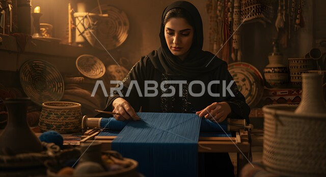 الفنون والمهارات النسائية، مهنة وصناعة تقليدية شعبية قديمة، حرفة يدوية تراثية سعودية، إمرأة عربية خليجية سعودية ترتدي العباءة السوداء والحجاب تقوم بحياكة وغزل النسيج والأقمشة, حرفة صناعة المشالح والمفارش، استخدام الخيوط الملونة