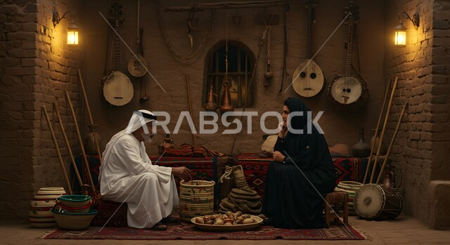أدوات شعبية اثرية قديمة، جلسة عربية تقليدية، رجل عربي خليجي سعودي يرتدي الغترة والثوب التقليدي يجلس مع إمرأة محجبة في مكان شعبي عريق، تبادل الاحاديث الاخبار، الاحتفاظ بتاريخ وتراث المملكة العربية السعودية