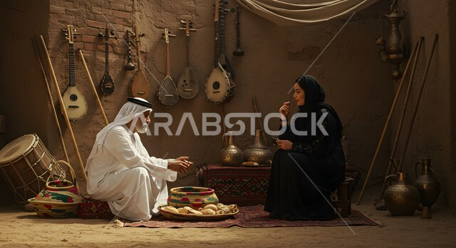 A traditional Arab session, a Saudi Arabian Gulf man wearing a traditional ghutra and thobe sitting with a veiled woman in a traditional place, exchanging conversations and news, preserving the history and heritage of the Kingdom of Saudi Arabia, ancient traditional tools