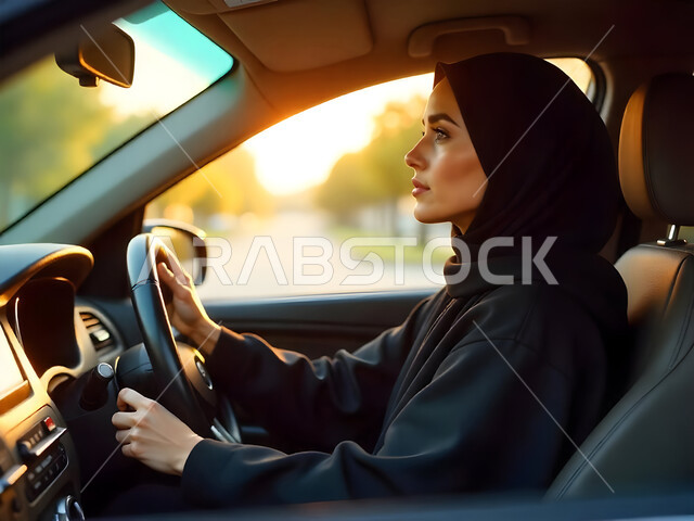 الاعتماد على النفس في التنقل عند النساء، الجلوس خلف المقود بمهارة وإتقان, حرية القيادة للمرأة السعودية، الانضباط بقواعد السلامة، صورة من الجانب لسيدة عربية خليجية سعودية ترتدي العباءة السوداء والحجاب تجلس داخل سيارتها