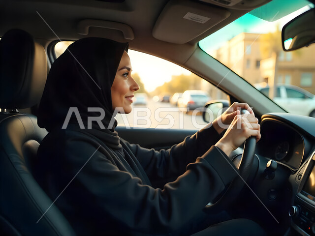  حرية القيادة للمرأة السعودية، الانضباط بقواعد السلامة، صورة من الجانب لسيدة عربية خليجية سعودية ترتدي العباءة السوداء والحجاب تجلس داخل سيارتها، الاعتماد على النفس في التنقل عند النساء، الجلوس خلف المقود بمهارة وإتقان