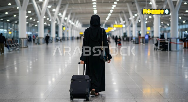 الاستعداد للذهاب وقضاء إجازة صيفية ممتعة، مفهوم السياحة والسفر والقيام بالجولات الترفيهية, انتظار موعد الطائرة في المطار, صورة من الخلف لامرأة عربية خليجية سعودية ترتدي العباءة السوداء والحجاب تقوم بجر حقيبة الامتعة