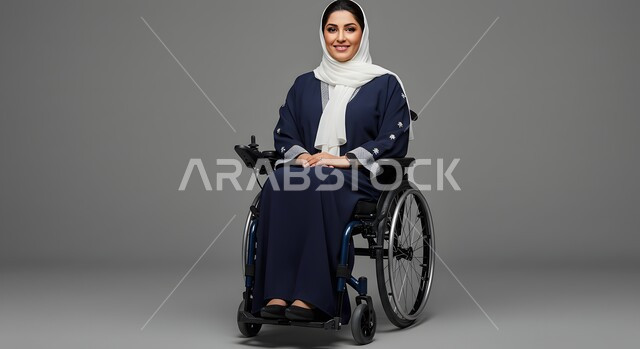 تأمين معدات للمساعده على الحركة والتنقل, تحسين حياة ذوي الاعاقه الحركيه، ايماءات السعاده والتفاؤل بالحياه, بورتريه لإمرأة عربية سعودية خليجية مبتسمة ترتدي العباءة والحجاب تجلس على كرسي متحرك، خلفية رمادية