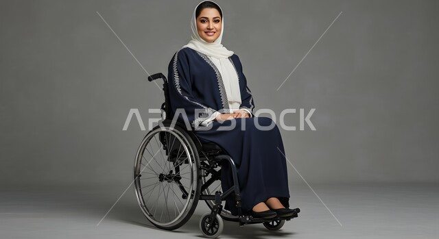 Improving the lives of people with motor disabilities, gestures of happiness and optimism about life, portrait of a smiling Saudi Arabian Gulf woman wearing an abaya and hijab sitting in a wheelchair, gray background, providing mobility aids