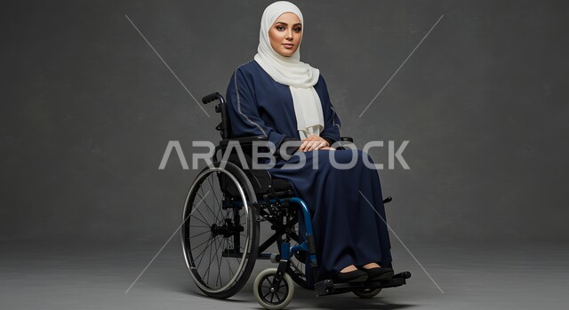 تأمين معدات للمساعده على الحركة والتنقل, تحسين حياة ذوي الاعاقه الحركيه، ايماءات السعاده والتفاؤل بالحياه, بورتريه لإمرأة عربية سعودية خليجية مبتسمة ترتدي العباءة والحجاب تجلس على كرسي متحرك، خلفية رمادية