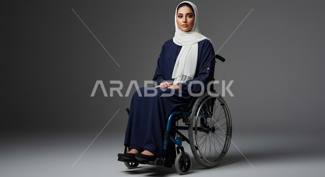 تحسين حياة ذوي الاعاقه الحركيه، ايماءات السعاده والتفاؤل بالحياه, بورتريه لإمرأة عربية سعودية خليجية مبتسمة ترتدي العباءة والحجاب تجلس على كرسي متحرك، خلفية رمادية، تأمين معدات للمساعده على الحركة والتنقل