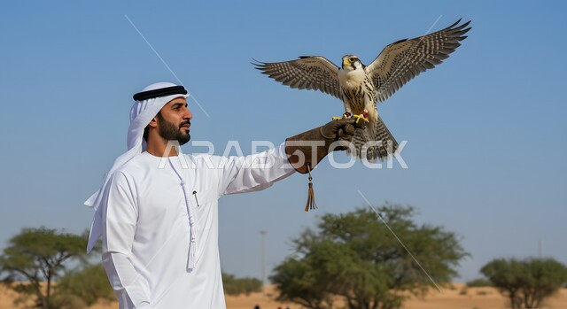  رمز القوة والتحدي وحدة البصر، الفخر بالتراث الاماراتي العريق في تربية الطيور الجارحة الحرة، صورة مقربة لشاب عربي خليجي اماراتي يرتدي الغترة والكندورة وقفاز الحماية الجلدي يقوم بترويض طائر الصقر، فعالية نادي الصقور في موسم الصيد السنوي