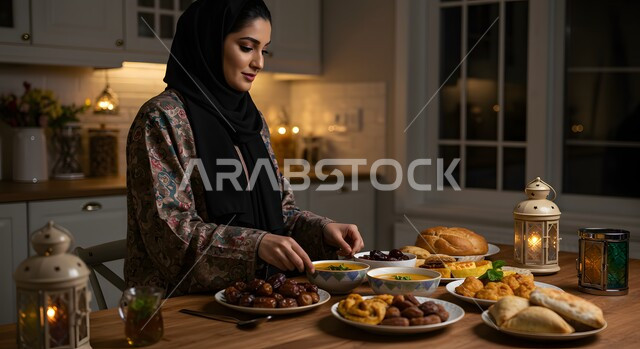  افطار الصائم في شهر رمضان المبارك، إمرأة عربية خليجية سعودية مبتسمة ترتدي الحجاب والعباءة تقوم بترتيب طبق التمر داخل المطبخ، تحضير وتجهيز الأطباق الرمضانية الشهية، محصول زراعي محلي وطني سعودي، وجبة غذائية صحية