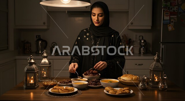  وجبة غذائية صحية، افطار الصائم في شهر رمضان المبارك، إمرأة عربية خليجية سعودية مبتسمة ترتدي الحجاب والعباءة تقوم بترتيب طبق التمر داخل المطبخ، تحضير وتجهيز الأطباق الرمضانية الشهية، محصول زراعي محلي وطني سعودي