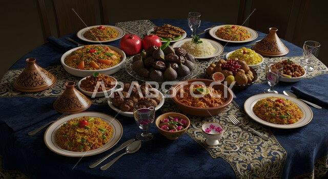 Ramadan Iftar Table: A table full of appetizers and meals for the fasting person's breakfast in the month of goodness, delicious traditional recipes and dishes, popular Gulf and Saudi Arabian dishes, and the art of serving food in oriental food restaurants.