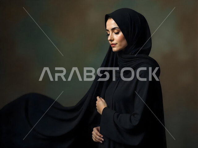 ملابس نسائية بتصاميم عصرية، مفهوم الأنوثة والنعومة، صورة مقربة لامرأة عربية خليجية سعودية مبتسمة ترتدي الحجاب والعباءة السوداء تنظرالى شيء ما بتعابير الحياء، الاهتمام بالأناقة والمظهر الخارجي
