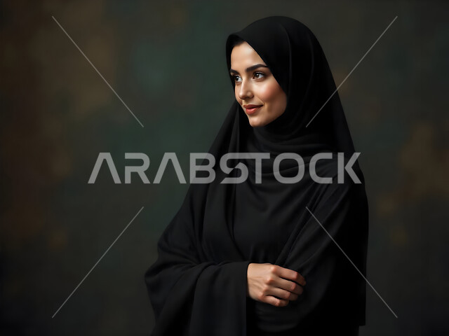  الاهتمام بالأناقة والمظهر الخارجي، ملابس نسائية بتصاميم عصرية، مفهوم الأنوثة والنعومة، صورة مقربة لامرأة عربية خليجية سعودية مبتسمة ترتدي الحجاب والعباءة السوداء تنظرالى شيء ما بتعابير الحياء