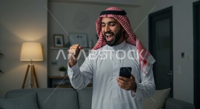 تحقيق الاهداف والانجاز، تعابير النصر والفوز، صورة مقربة لرجل عربي خليجي سعودي يرتدي الشماغ والثوب التقليدي يمسك بيده الهاتف المحمول يرفع قبضة يده للاعلى بايماءات الحماس والسرور، رؤية الاخبار المفرحة والسعيدة