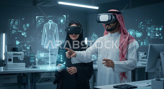 الابتكار والعلوم وتكنولوجيا الذكاء الاصطناعي، رؤية مستقبلية سعودية 2030، التطور والتقدم التكنولوجي، تحقيق الثورة الصناعية، رجل عربي خليجي سعودي يرتدي الشماغ والثوب التقليدي يقف بجانب إمراة محجبة يرتديان نظارات في ار ثلاثية الابعاد، شاشة الكترونية بتقنية الهولوجرام