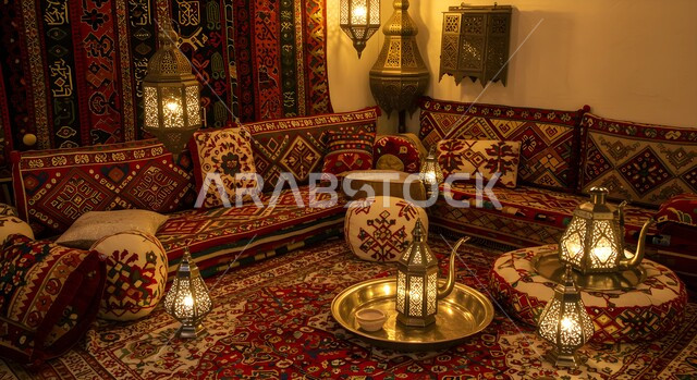 Hand-embroidered textiles, colorful upholstery and cushions, traditional Bedouin interior design, popular life in Saudi Arabia, Saudi heritage design