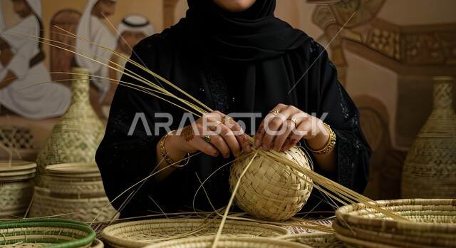  التراث والأصالة في المملكة, حرفة يدوية تاريخية، أعمال وصناعات قديمة, منتج محلي وطني، استخدام أوراق النخيل المجففة في صناعة السلل، مهنة شعبية تقليدية, صورة مقربة لإمرأة عربية خليجية سعودية ترتدي العباءة السوداء تقوم بجدل سعائف الخوص