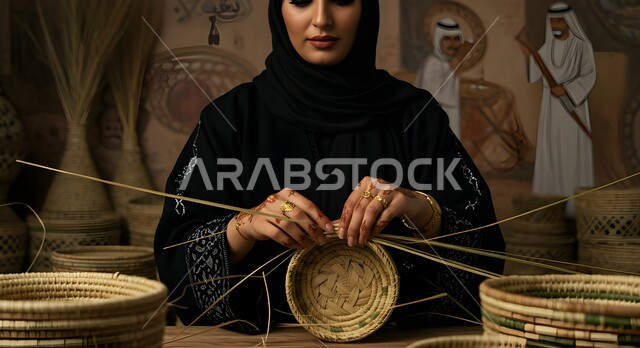 استخدام أوراق النخيل المجففة في صناعة السلل، مهنة شعبية تقليدية, صورة مقربة لإمرأة عربية خليجية سعودية ترتدي العباءة السوداء تقوم بجدل سعائف الخوص, التراث والأصالة في المملكة, حرفة يدوية تاريخية، أعمال وصناعات قديمة, منتج محلي وطني