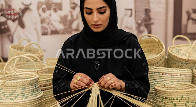  أعمال وصناعات قديمة, منتج محلي وطني، استخدام أوراق النخيل المجففة في صناعة السلل، مهنة شعبية تقليدية, صورة مقربة لإمرأة عربية خليجية سعودية ترتدي العباءة السوداء تقوم بجدل سعائف الخوص, التراث والأصالة في المملكة, حرفة يدوية تاريخية