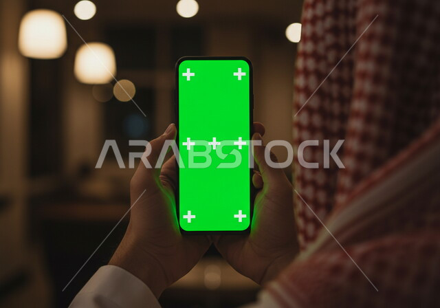 استخدام جهاز تقني حديث متطور، صورة مقربة من الخلف لرجل عربي خليجي سعودي يرتدي الشماغ والثوب التقليدي يمسك بيده هاتف محمول بشاشة خضراء فارغة، كروما