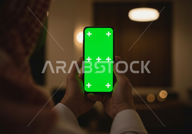 Using a modern, advanced technical device, a close-up of a hand of a Saudi Arabian Gulf man wearing a traditional shemagh and thobe holding a mobile phone with a blank green screen, chroma key