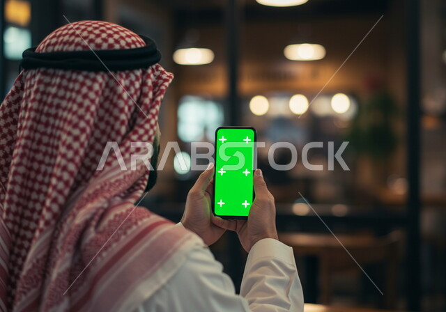 استخدام جهاز تقني حديث متطور، صورة مقربة من الخلف لرجل عربي خليجي سعودي يرتدي الشماغ والثوب التقليدي يمسك بيده هاتف محمول بشاشة خضراء فارغة، كروما