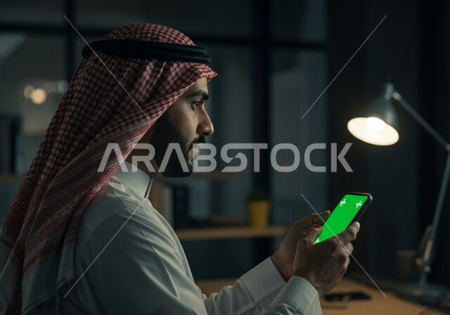 استخدام جهاز تقني حديث متطور، صورة مقربة من الجانب لرجل عربي خليجي سعودي يرتدي الشماغ والثوب التقليدي يمسك بيده هاتف محمول بشاشة خضراء فارغة، كروما