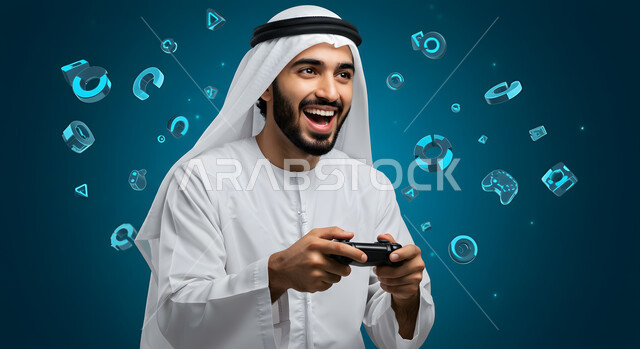 تجربة ترفيهية ممتعة ومثيرة في الألعاب الالكترونية والأجهزة الحديثة، العالم الرقمي الترفيهي، المتعة والتسلية بالفيديو جيمز، شاب عربي خليجي اماراتي يرتدي الغترة والكندورة يمسك بيده عصا التحكم بإيماءات التفاعل والاندماج والسرور، خلفية زرقاء مع أيقونات أزرار اللعب