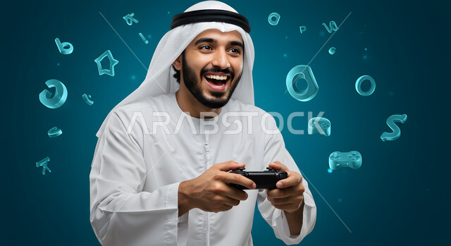 العالم الرقمي الترفيهي، المتعة والتسلية بالفيديو جيمز، شاب عربي خليجي اماراتي يرتدي الغترة والكندورة يمسك بيده عصا التحكم بإيماءات التفاعل والاندماج والسرور، تجربة ترفيهية ممتعة ومثيرة في الألعاب الالكترونية والأجهزة الحديثة، خلفية زرقاء مع أيقونات أزرار اللعب