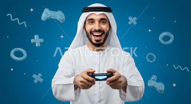 تجربة ترفيهية ممتعة ومثيرة في الألعاب الالكترونية والأجهزة الحديثة، العالم الرقمي الترفيهي، المتعة والتسلية بالفيديو جيمز، شاب عربي خليجي اماراتي يرتدي الغترة والكندورة يمسك بيده عصا التحكم بإيماءات التفاعل والاندماج والسرور، خلفية زرقاء مع أيقونات أزرار اللعب