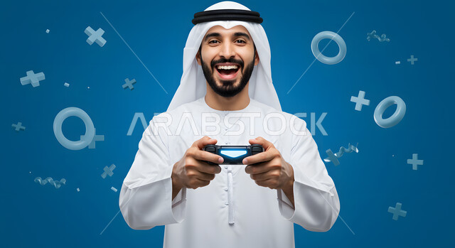 The world of digital entertainment, fun and entertainment with video games, a young Arab Gulf Emirati man wearing a ghutra and a kandura holding a joystick with gestures of interaction, integration and pleasure, a fun and exciting entertainment experience in electronic games and modern devices, a blue background with game button icons