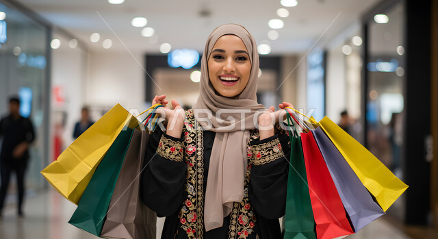الاستفادة من العروض والخصومات في الجمعة البيضاء، إمرأة عربية خليجية سعودية مبتسمة ترتدي الحجاب والعباءة  تحمل بيدها أكياس كرتون ملونه، التسوق وشراء المستلزمات من المول والمركز التجاري