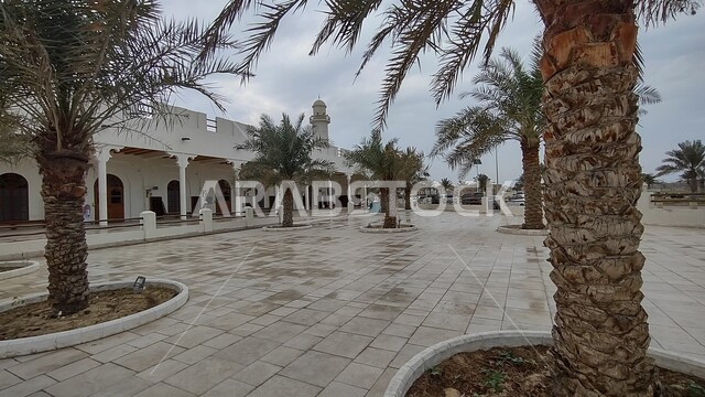 الفن الهندسي المعماري على الطراز العربي الإسلامي لمسجد الجبر في مدينة الدمام في المملكة العربية السعودية، صورة مقربة لجذع شجرة نخيل في الباحة الخارجية للجامع, مفهوم العبادة والتقرب إلى الله تعالى, الأبواب والنوافذ الخشبية