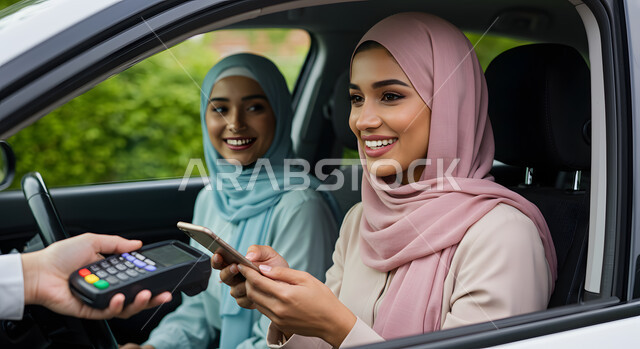 Using a modern technology device, having fun with friends abroad, freedom of driving for Saudi women, a veiled Saudi Arabian Gulf woman with her friend making electronic payments via mobile phone, the concept of self-reliance in transportation